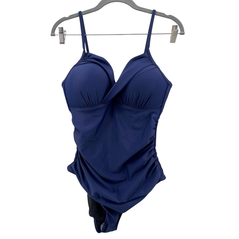 Hilor Swimsuit Women 12 Navy Blue One Piece 19057 Crossover Ruched Monokini